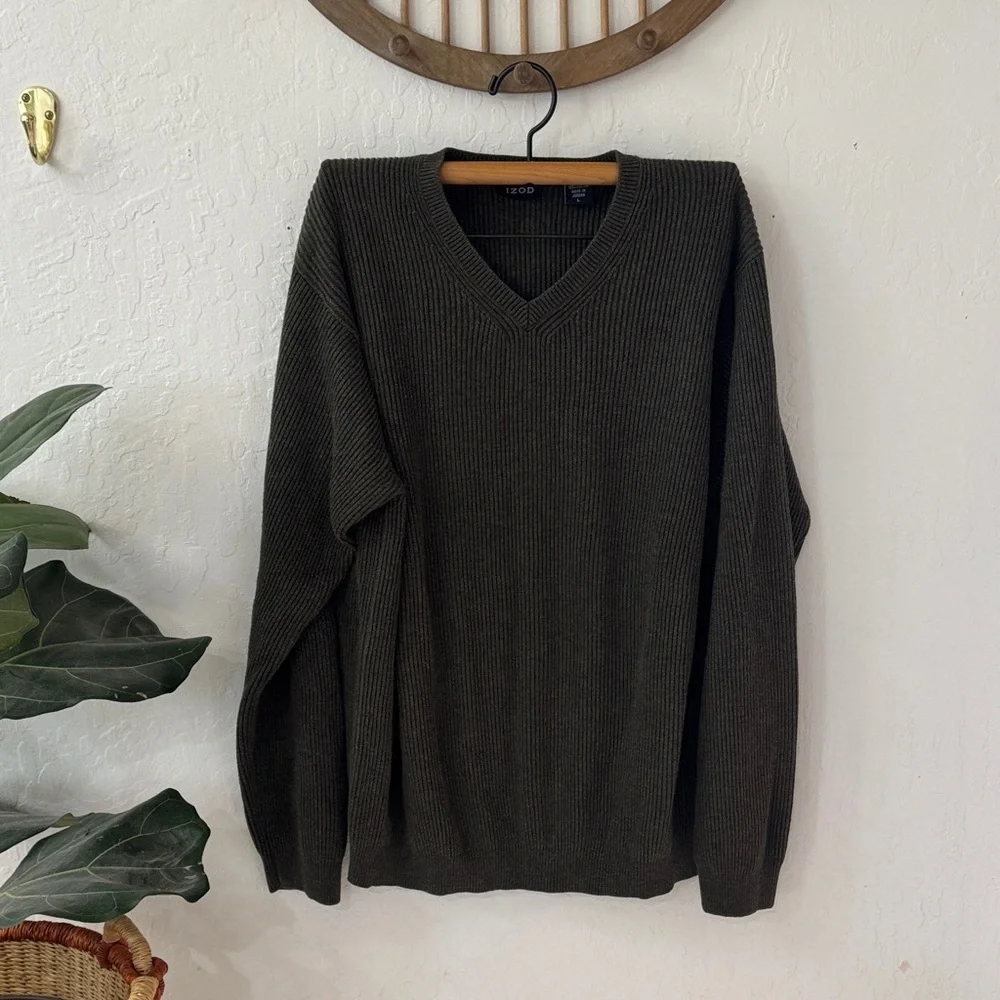 Izod Men’s 100% Cotton Green Ribbed Stretch V Neck Pullover Sweater Large